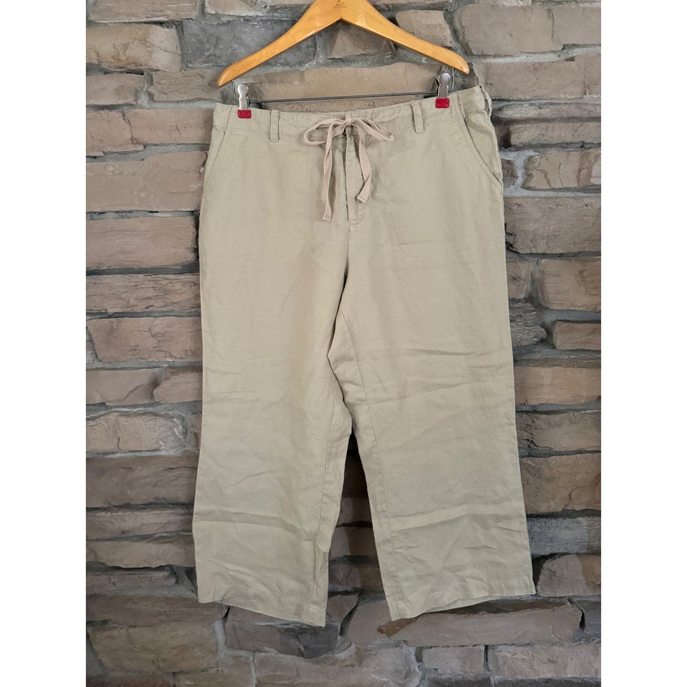 St Johns Bay Womens Tan 100% Linen Wide Leg Cropped Drawstring Pants Size 16